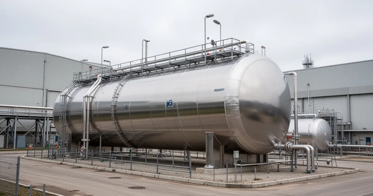 Zbiornik kriogeniczny LNG w zakładzie przemysłowym