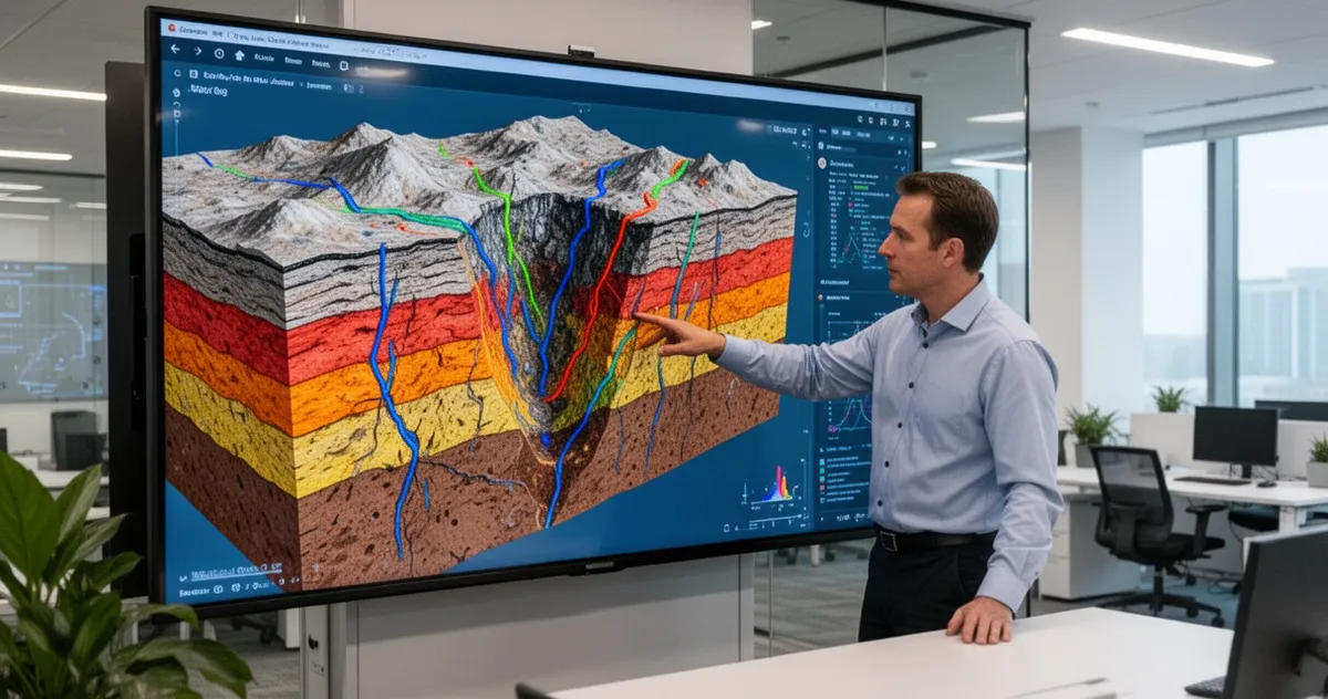Geolog analizujący trójwymiarowy model geologiczny na ekranie