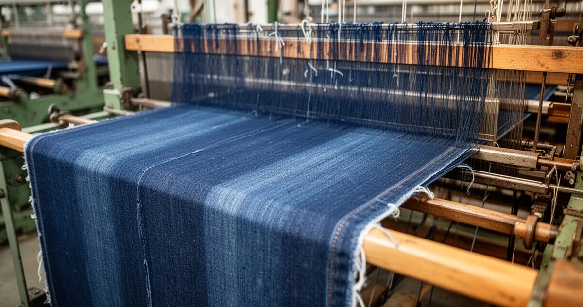 Tkanina denim na krośnie tkackim w fabryce