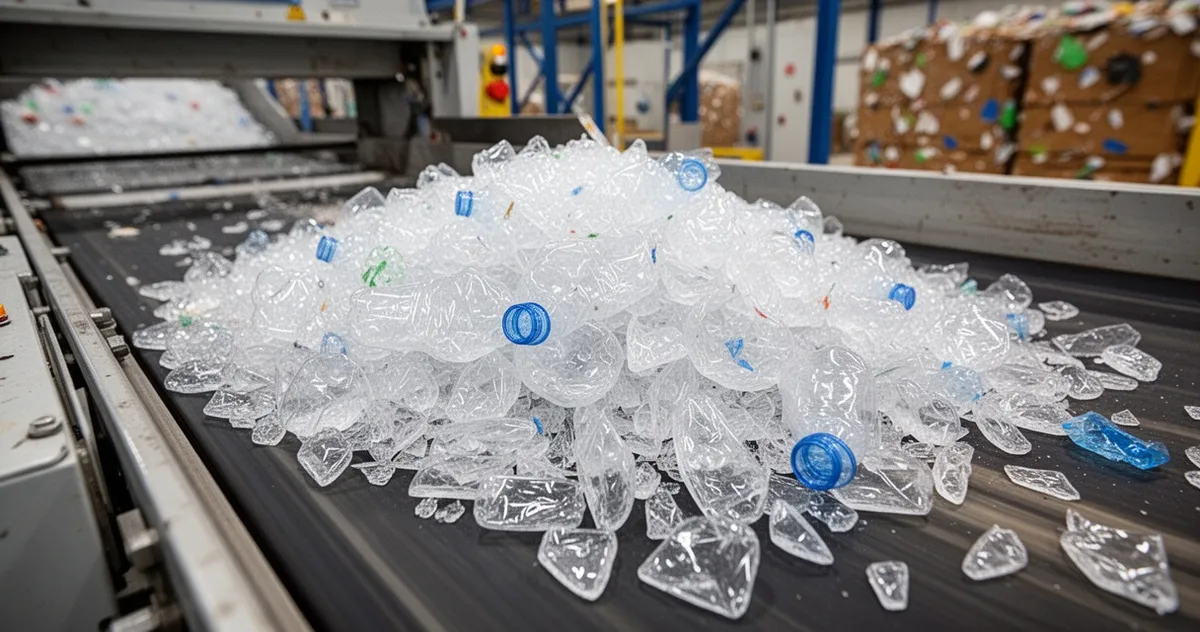 Płatki PET na taśmie transportowej w zakładzie recyklingu