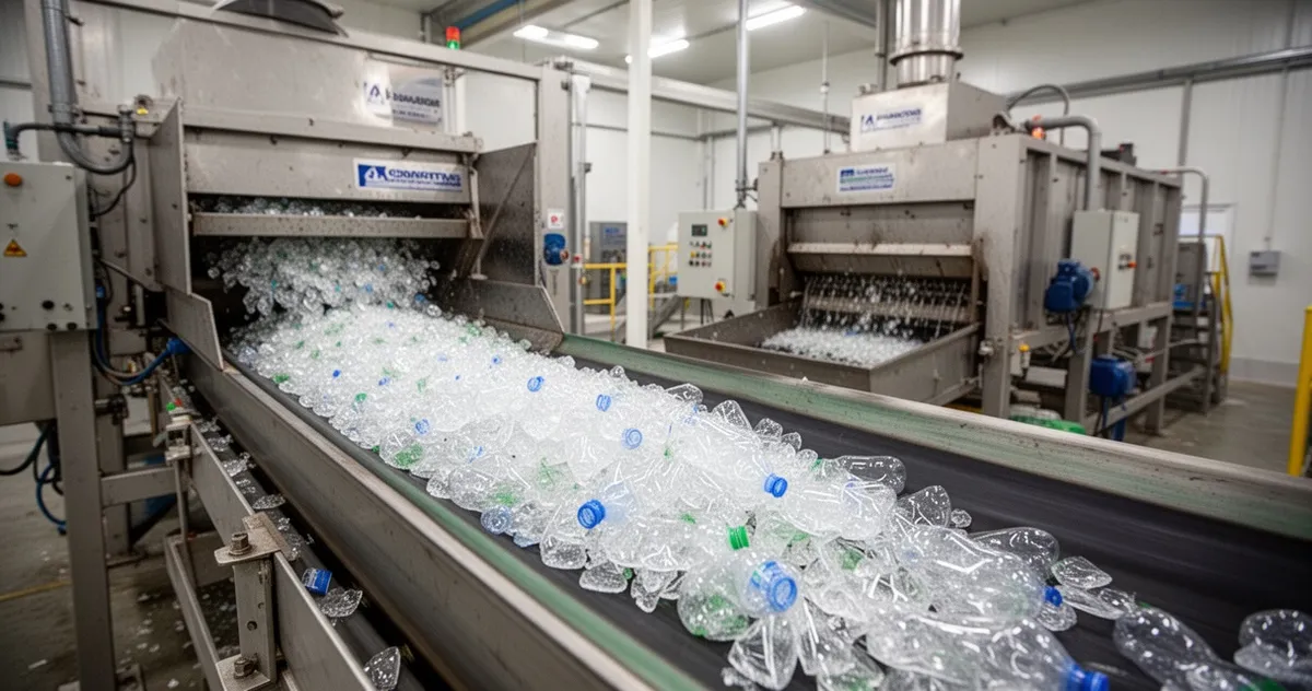 Rozdrobnione płatki PET na linii technologicznej zakładu recyklingu
