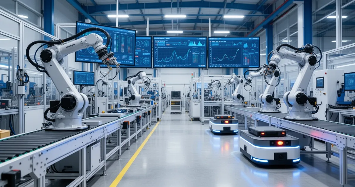 Inteligentna fabryka z robotami i systemami cyfrowymi