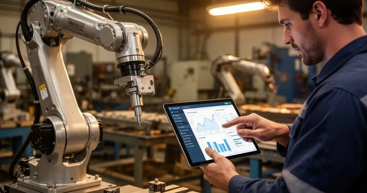 Robot przemysłowy i inżynier z tabletem na hali produkcyjnej