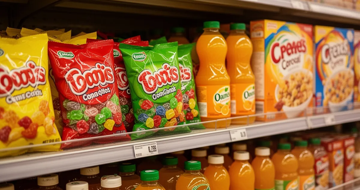 Kolorowe produkty spożywcze na półce sklepowej zawierające barwniki