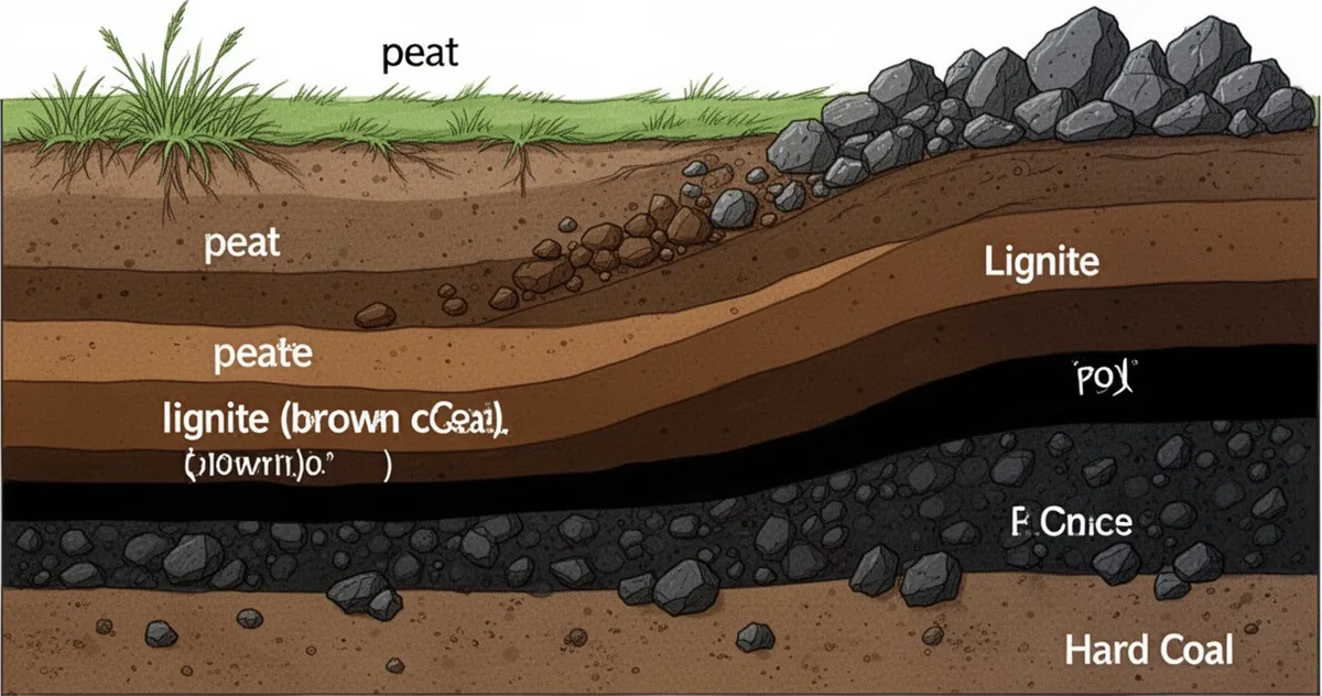 Geologiczny przekrój pokazujący warstwy torfu, węgla brunatnego i węgla kamiennego