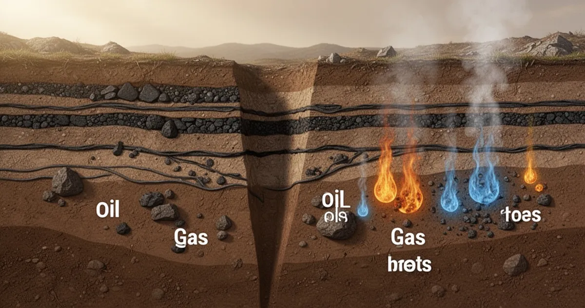 Przekrój geologiczny pokazujący złoża węgla, ropy i gazu ziemnego