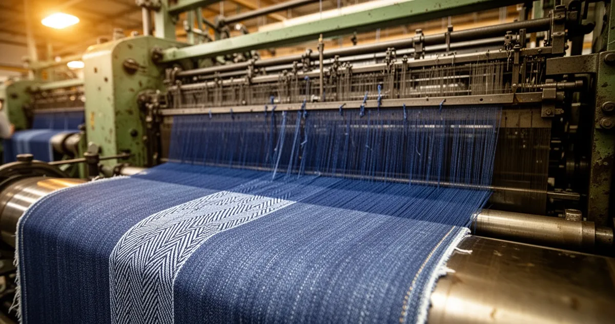 Produkcja tkaniny denim na krosnach przemysłowych