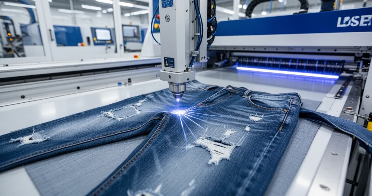 Laserowe wykończenie jeansów w nowoczesnej fabryce