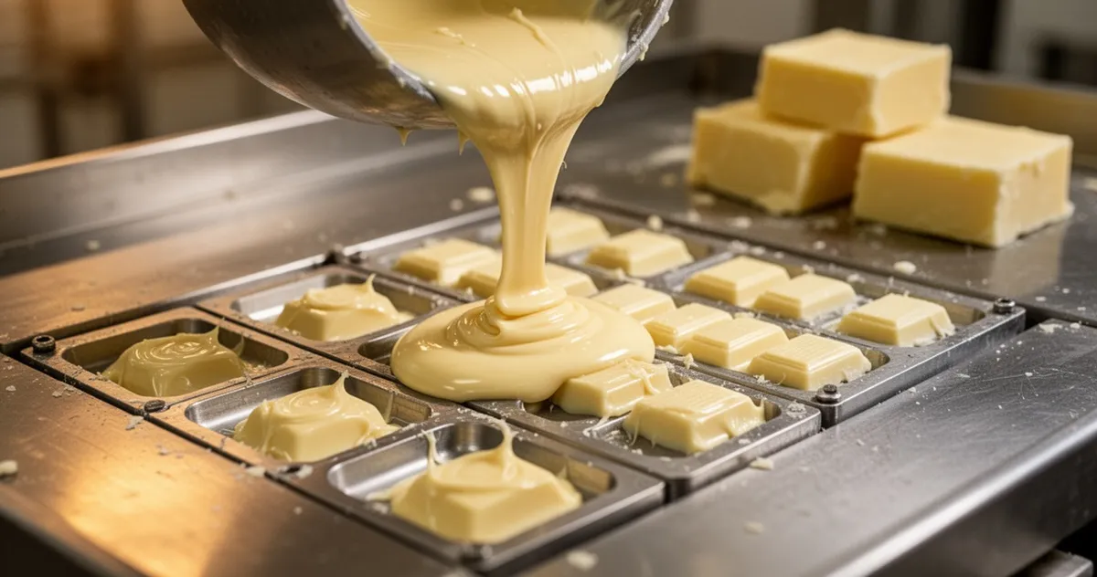 Wylewanie białej czekolady do form podczas produkcji