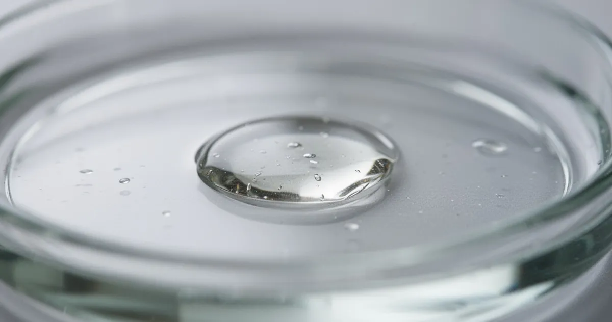 Kropla oleistej, bezbarwnej cieczy kwasu masłowego na szkle laboratoryjnym
