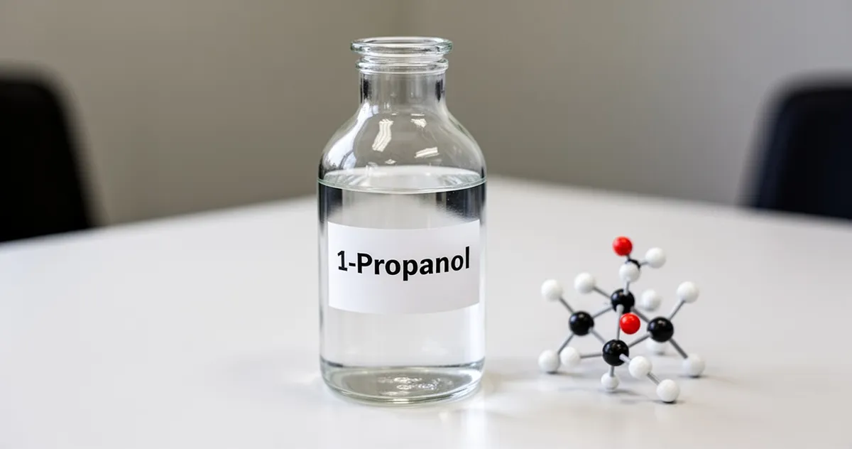 Butelka laboratoryjna z bezbarwną cieczą, oznaczona etykietą 1-propanol.