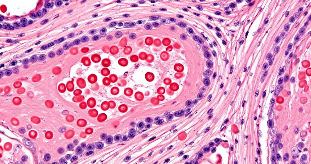Zdjęcie mikroskopowe preparatu barwionego H&E: różowa cytoplazma, czerwone erytrocyty, fioletowe jądra