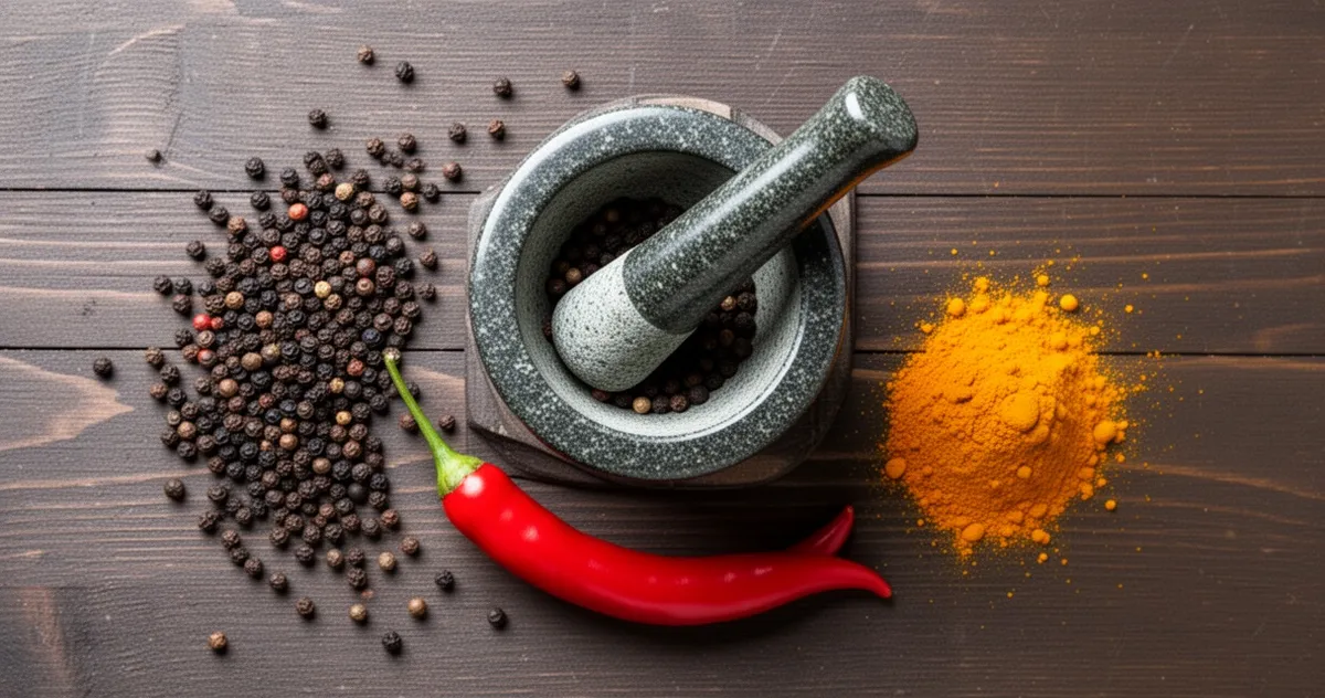 Porównanie czarnego pieprzu, świeżej papryczki chili i kurkumy na drewnianym blacie