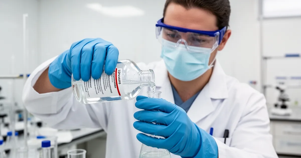 Osoba w rękawicach i okularach ochronnych pracująca z substancją chemiczną
