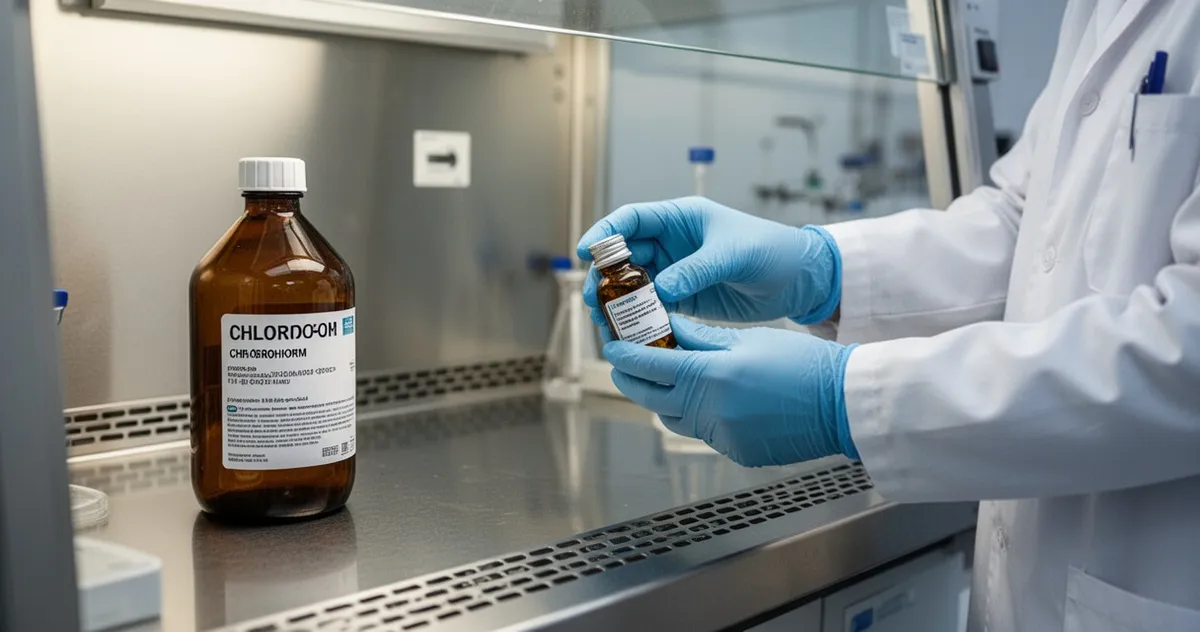 Pracownik laboratorium z butelką chloroformu