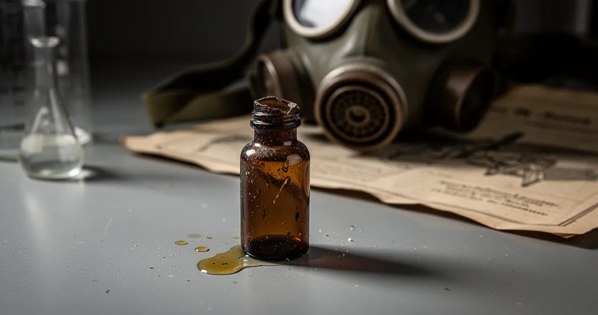 Stare laboratorium z próbką ciemnej, oleistej cieczy w fiolce i maską przeciwgazową w tle