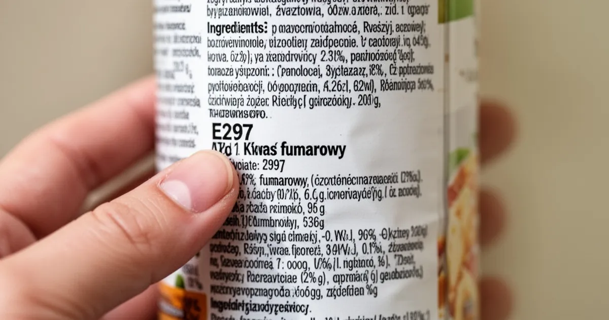 Palec wskazujący składnik E297 na etykiecie produktu spożywczego