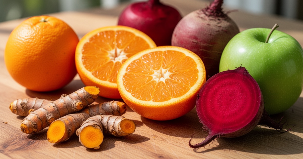 Naturalne składniki będące źródłem dodatków E – kurkuma, cytrusy, burak, jabłko