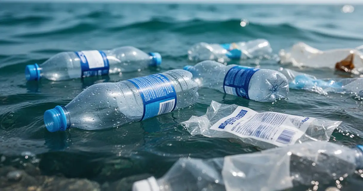 Plastikowe opakowania unoszące się na powierzchni wody