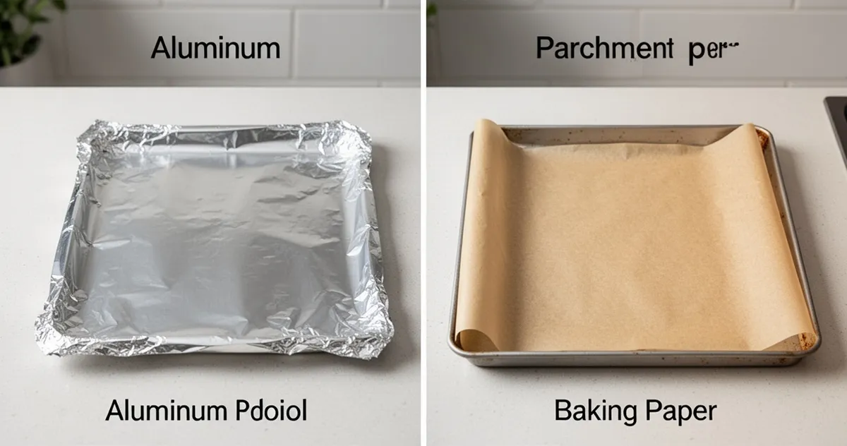 Folia aluminiowa i papier do pieczenia obok siebie na blacie kuchennym
