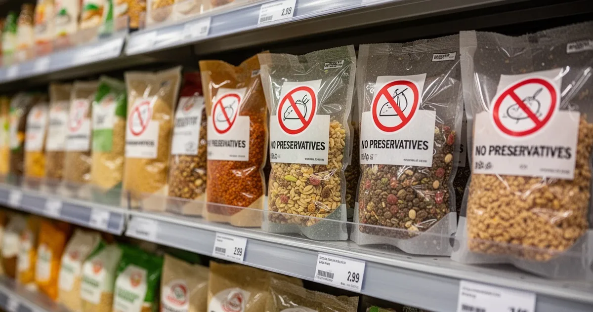 Produkty spożywcze z etykietą bez konserwantów na półce sklepowej