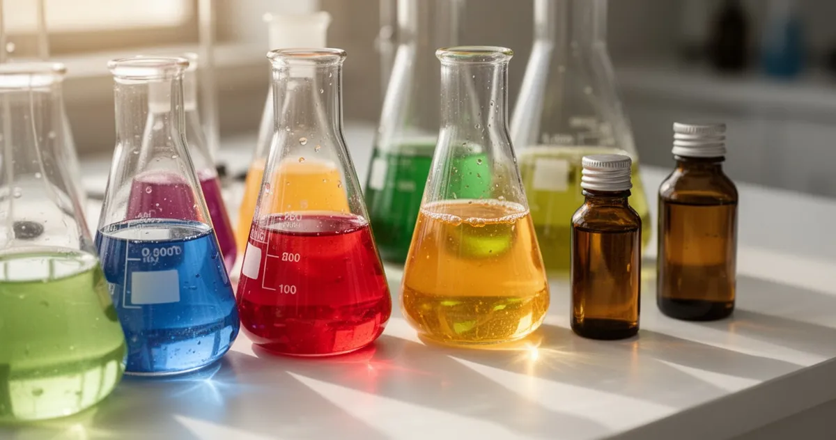 Laboratoryjne fiolki z ekstraktami i olejkami eterycznymi używanymi do produkcji aromatów spożywczych