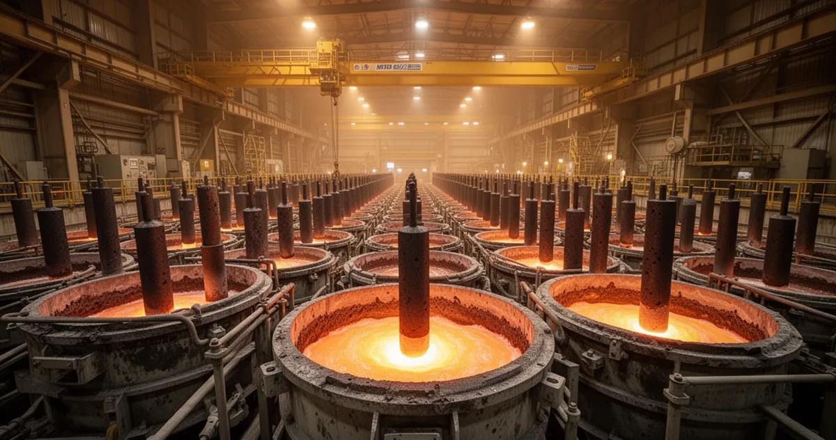 Rząd ogniw elektrolitycznych Halla-Héroulta w hucie aluminium z ciekłym metalem widocznym na dnie