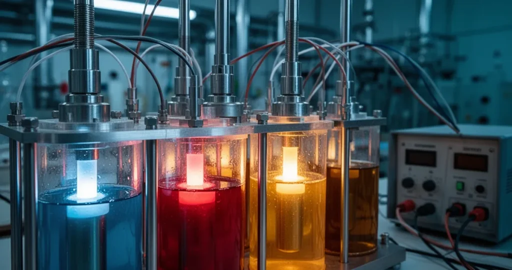 Zbliżenie na przemysłowe ogniwa elektrochemiczne z jarzącymi się elektrodami zanurzonymi w kolorowych elektrolitach.