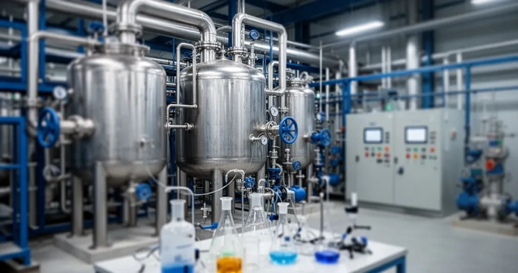 Nowoczesna instalacja chemiczna z reaktorami i rurociągami do przemysłowej syntezy amoniaku w otoczeniu aparatury.