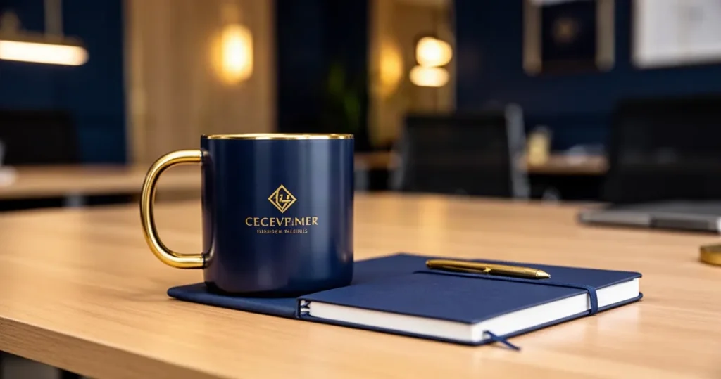 Elegancki kubek i notatnik z logo marki na drewnianym biurku w nowoczesnym biurze utrzymanym w odcieniach granatu i złota.