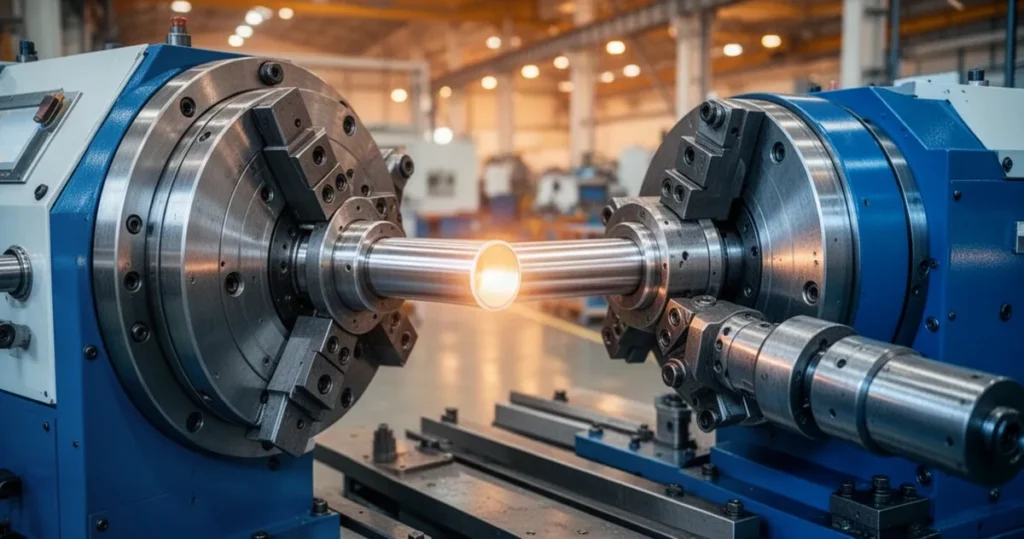 Precyzyjna giętarka CNC wyginająca metalową rurę w nowoczesnej hali produkcyjnej.