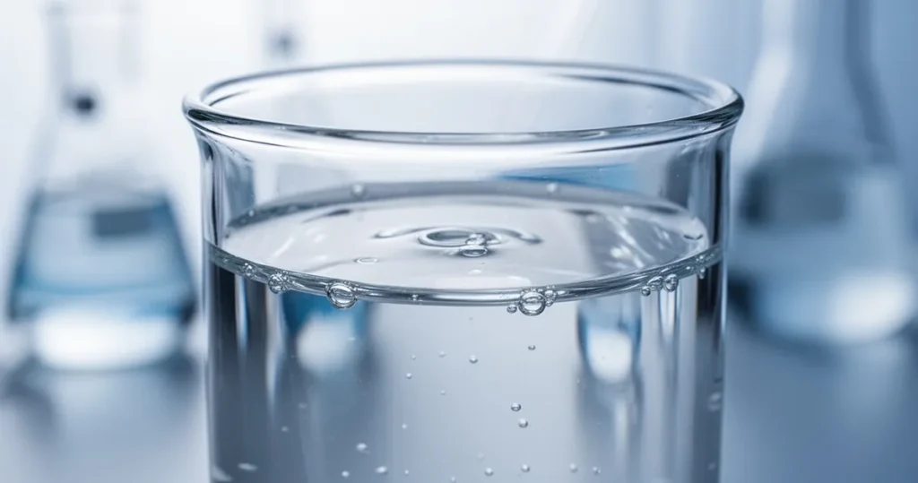 Przezroczysty płyn w szklanym naczyniu na rozmytym tle laboratorium, podkreślający czystość i właściwości chemiczne acetonu.