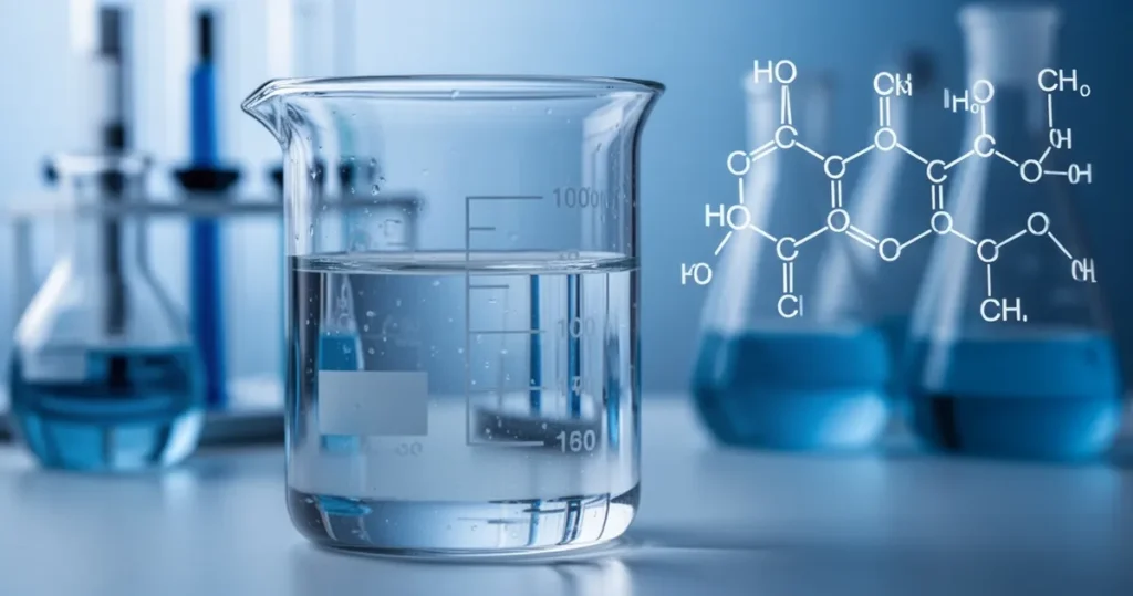 Metanol – właściwości, zastosowanie Przezroczysty metanol w szklanej zlewce na tle rozmazanej aparatury laboratoryjnej i schematu struktury cząsteczkowej.