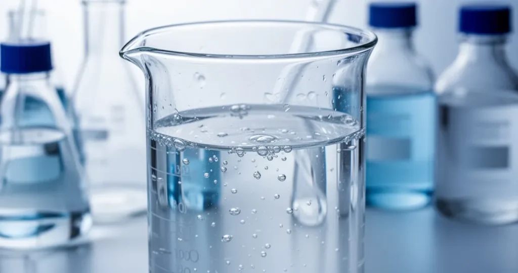 Etanol techniczny – właściwości, zastosowanie Przeźroczysty etanol w szklanej zlewce na tle laboratoryjnego wyposażenia w odcieniach błękitu.
