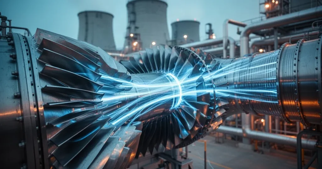Jak działa turbina gazowa w elektrowni? Nowoczesna turbina gazowa z widocznymi łopatkami wirnika oraz przepływem błękitnej energii wewnątrz hali elektrowni.