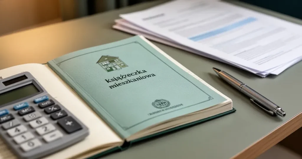 Kalkulator premii gwarancyjnej z książeczki mieszkaniowej – jak obliczyć wysokość wypłaty? Otwarta polska książeczka mieszkaniowa leżąca na biurku obok kalkulatora i długopisu w ciepłym, profesjonalnym oświetleniu.