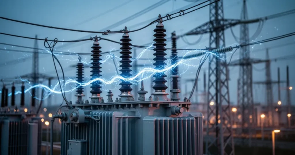 Dlaczego sieci energetyczne wymagają stabilizacji częstotliwości? Zbliżenie na transformatory i linie przesyłowe z pulsującą niebieską energią na tle przemysłowej elektrowni.
