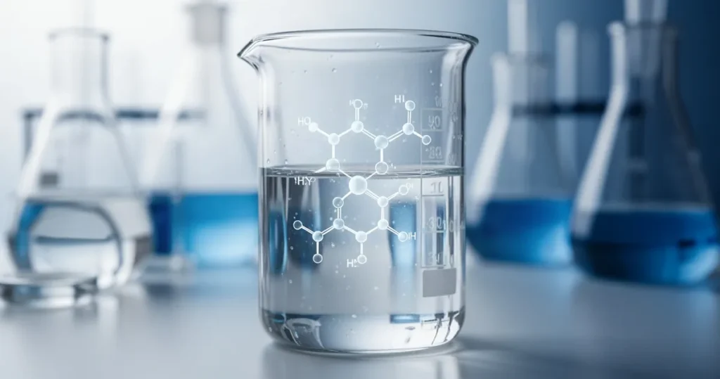 Octan butylu – właściwości i zastosowanie Przezroczysta substancja chemiczna w szklanej zlewce z nałożoną wizualizacją struktury cząsteczkowej na tle laboratorium.