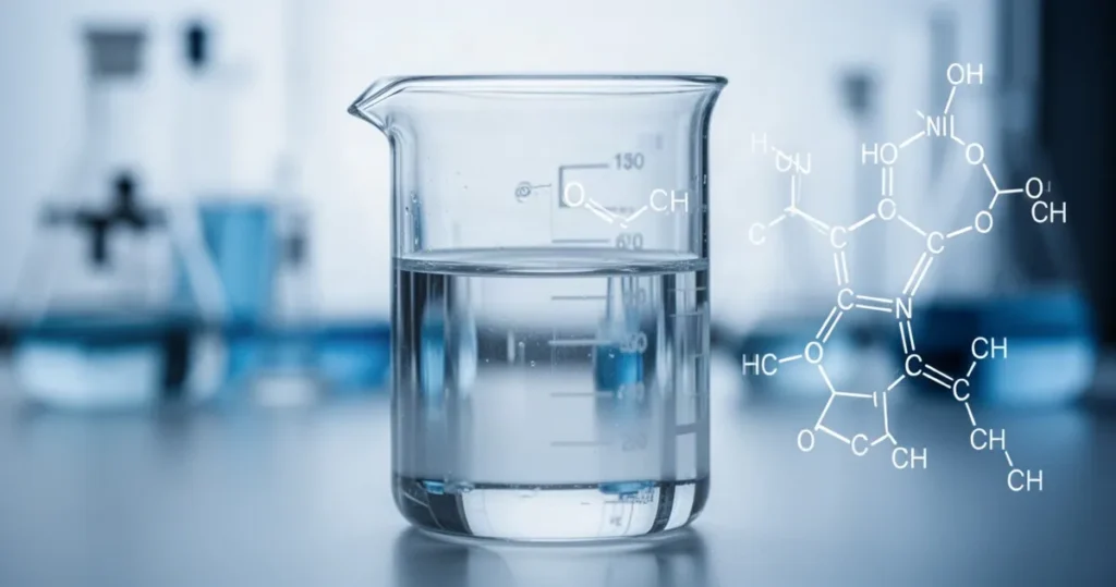 Bezbarwny płyn w szklanej zlewce laboratoryjnej na tle rozmytego schematu budowy chemicznej w niebieskawym oświetleniu.