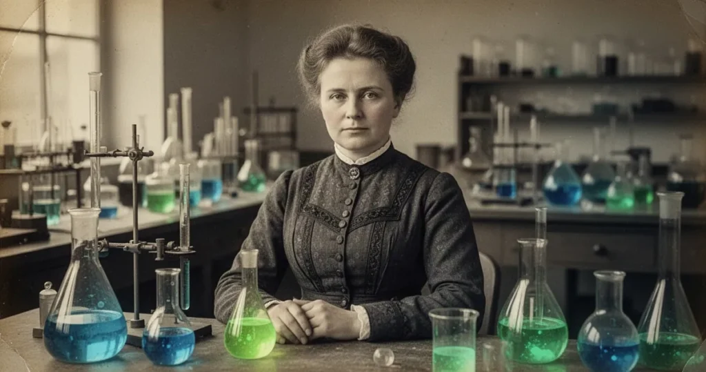 Maria Skłodowska-Curie w laboratorium z początku XX wieku, otoczona sprzętem naukowym i jarzącymi się próbkami substancji.