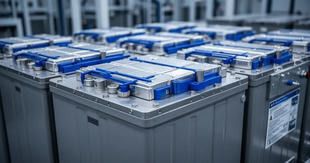 Jak działa magazynowanie energii w bateriach przemysłowych? Rzędy przemysłowych ogniw baterii litowo-jonowych z niebieskimi akcentami w hali technologicznej.
