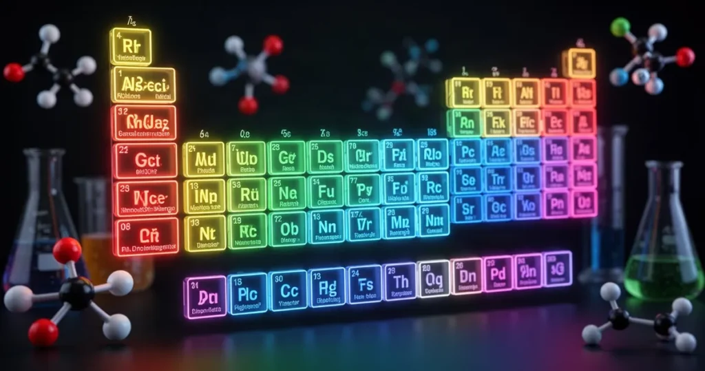 Wielokolorowy układ okresowy pierwiastków z neonowymi symbolami chemicznymi na ciemnym tle oraz rozmytym sprzętem laboratoryj
