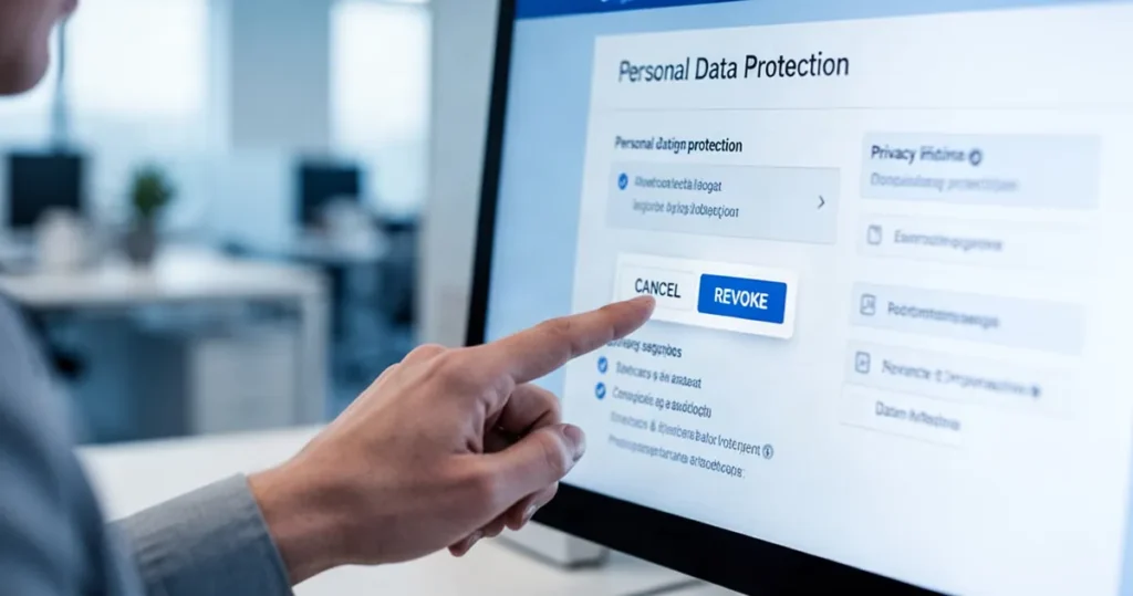 Wycofanie zgody na przetwarzanie danych osobowych w BIK – jak to zrobić? Dłoń klikająca przycisk anulowania ustawień prywatności na ekranie komputera w biurowym otoczeniu.