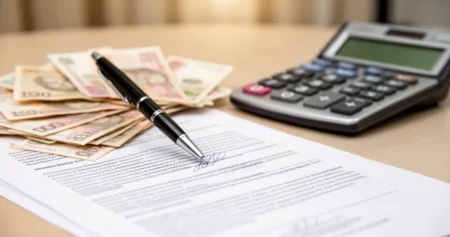 Dłoń podpisująca dokument finansowy w otoczeniu polskich banknotów i kalkulatora.