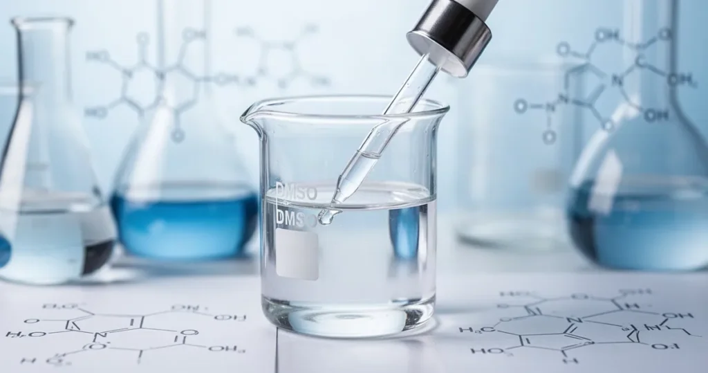 DMSO (dimetylosulfotlenek) – właściwości i zastosowanie Przezroczysty płyn DMSO w szklanej zlewce z kroplomierzem, na tle sprzętu laboratoryjnego i schematów cząsteczek chemicznych.