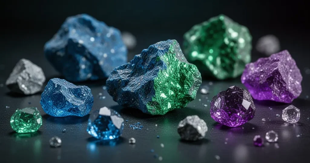 Zbliżenie na surowe minerały metali ziem rzadkich o niebieskich, zielonych i fioletowych odcieniach na ciemnym tle.
