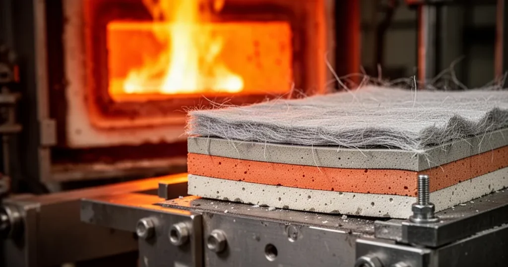 Zbliżenie na żaroodporne włókna ceramiczne i warstwy izolacyjne na tle rozżarzonego pieca przemysłowego w ciepłych barwach.