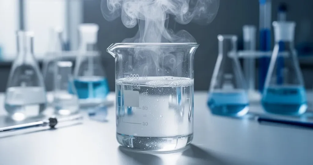 Amoniak – właściwości, zastosowanie Zbliżenie na szklaną zlewkę z bezbarwnym roztworem amoniaku, nad którym unosi się para, w profesjonalnym laboratorium.