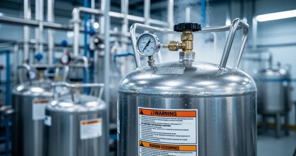 Zbliżenie na metalową butlę z azotem technicznym z etykietami ostrzegawczymi na tle przemysłowej hali w niebieskiej tonacji.