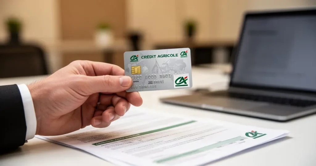 Jak zamknąć konto w Credit Agricole? Instrukcja krok po kroku Dłoń trzymająca kartę płatniczą Credit Agricole nad biurkiem z dokumentami i laptopem w biurowym otoczeniu.